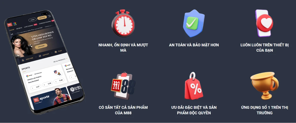 Giao diện M88 mobile trên điện thoại cùng các tính năng nổi bật: nhanh, ổn định, an toàn bảo mật và đầy đủ sản phẩm cá cược