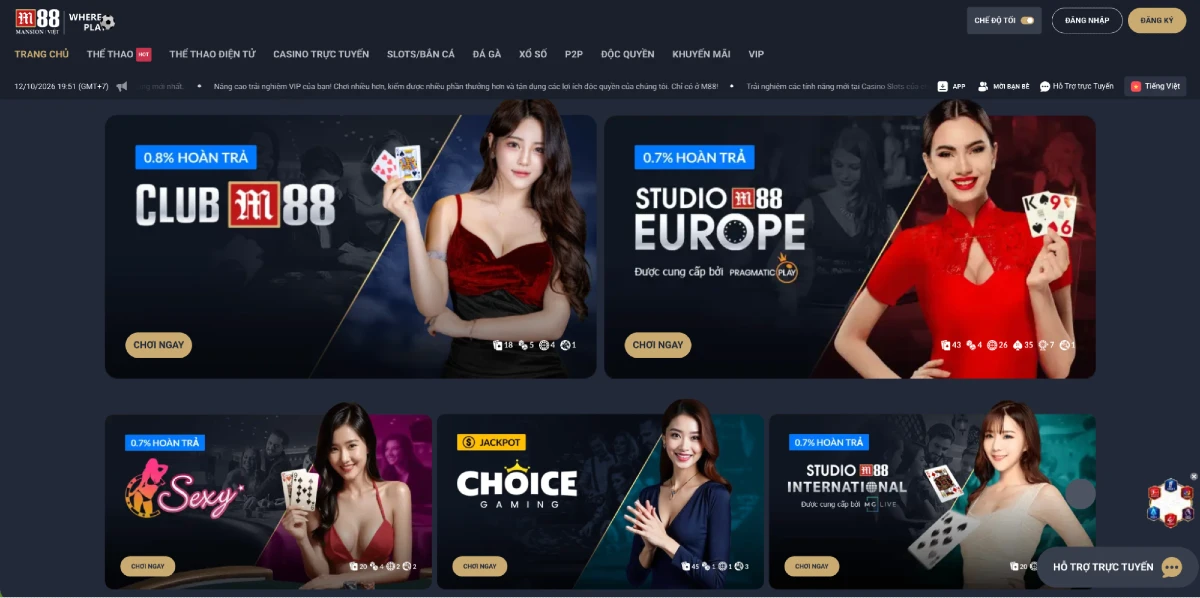 Sảnh casino trực tuyến M88cvf với Club M88, Studio Europe by Pragmatic Play và nhiều bàn chơi live dealer